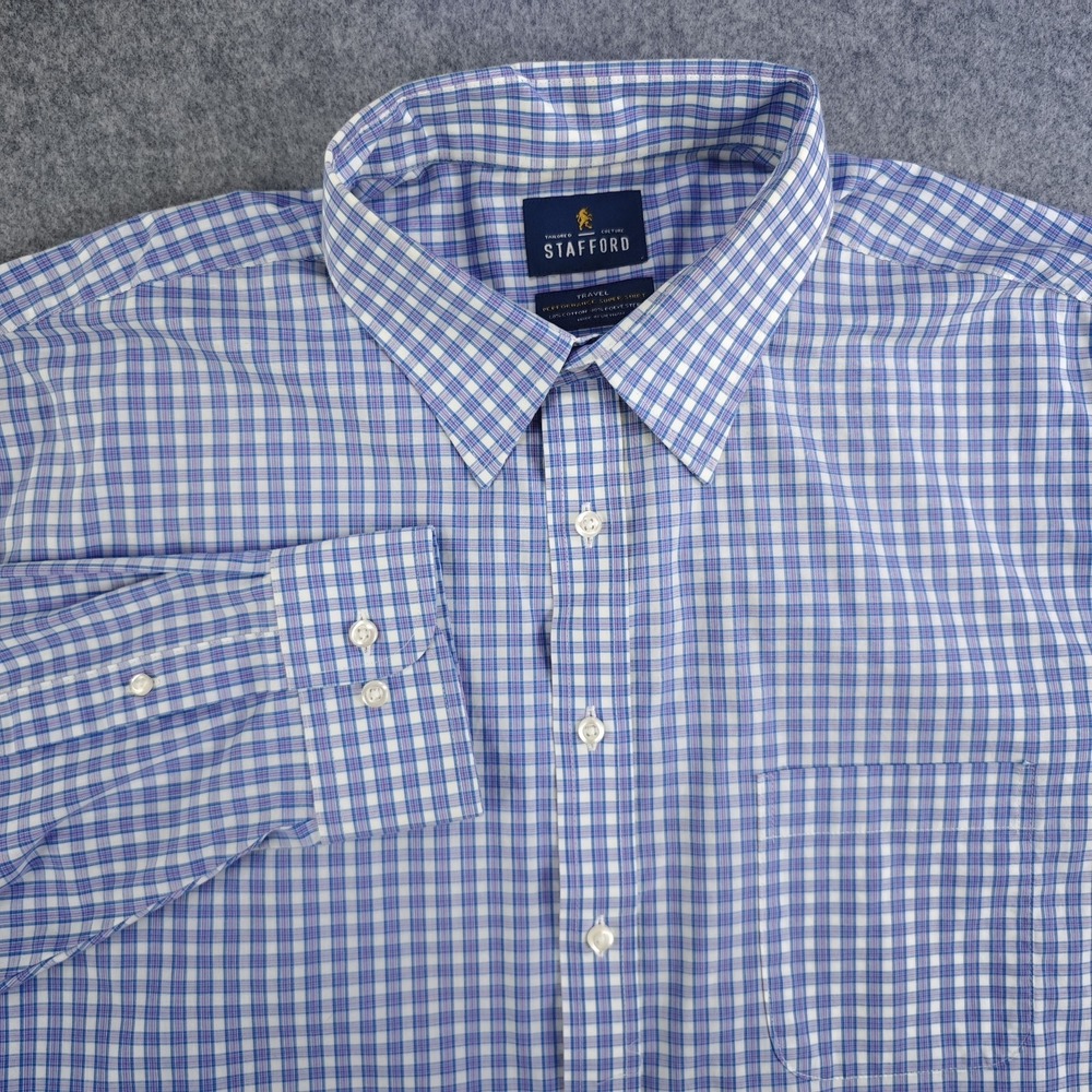 Stafford Dress Shirt Mens 18 36/37 Purple Check Travel Performance Super